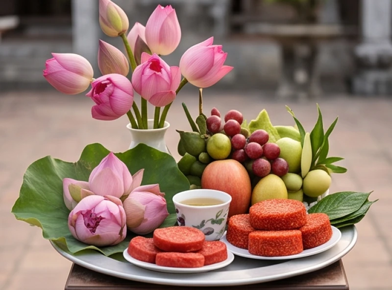 Mâm lễ chay tịnh dâng ban Mẫu gồm hoa sen tươi, quả ngọt và oản đỏ được bày biện tinh tế