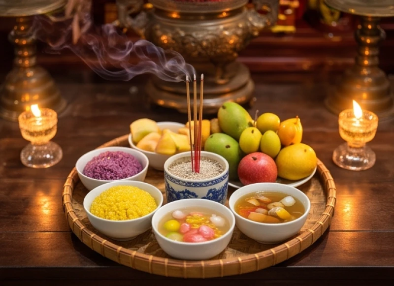 Văn khấn cầu con tại chùa: Bài khấn chuẩn, lễ vật và văn tạ lễ 5 Mâm cúng chay thanh tịnh gồm xôi chè và hoa quả tươi đang được dâng lên ban Tam Bảo thờ Phật