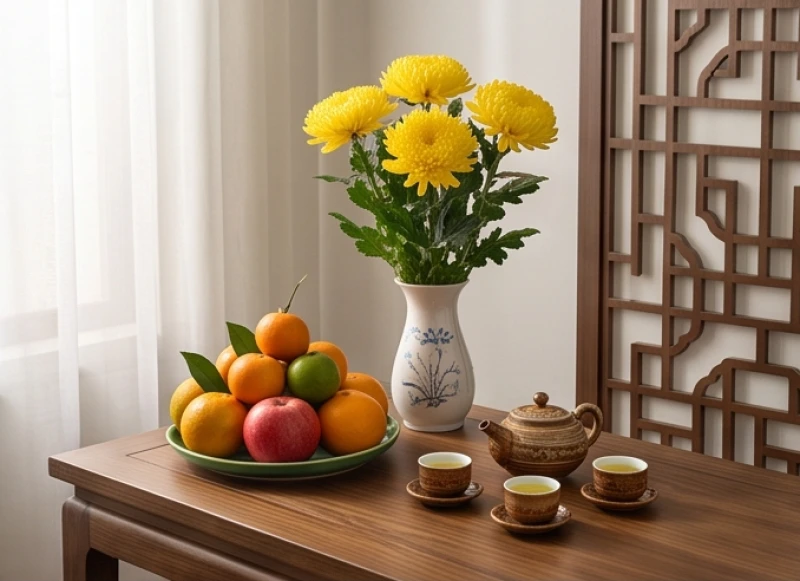 Mâm ngũ quả và hoa tươi dâng lễ tiệc Mẫu thanh tịnh tại bàn thờ Phật và gia tiên
