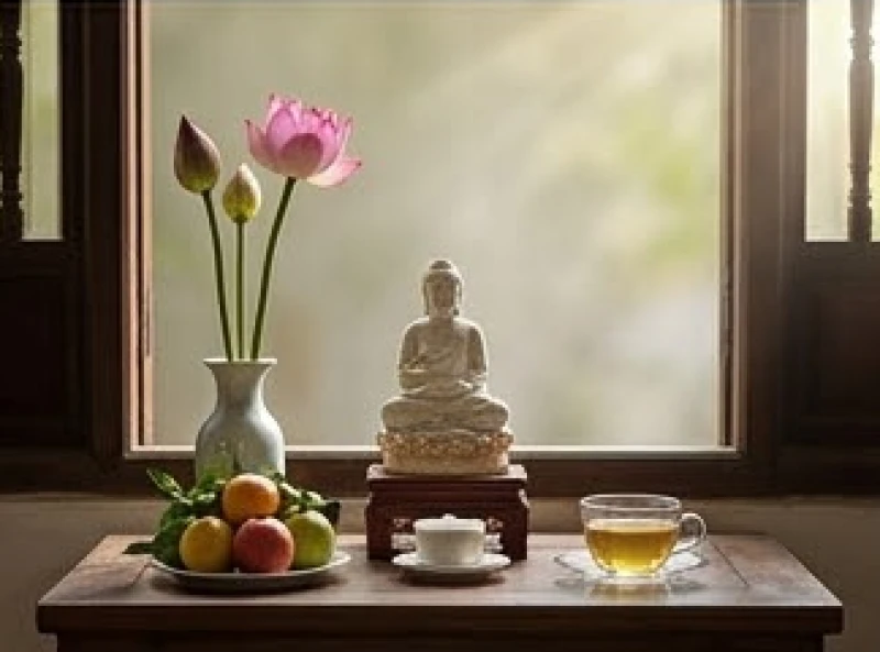 Ban thờ Phật thanh tịnh trong khuôn viên đình làng chỉ bày biện hoa tươi trà thanh và đĩa quả ngọt