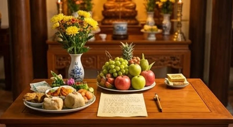 Mâm lễ chay và sớ trạng chuẩn bị cẩn thận để dâng tại chùa cầu thi đỗ