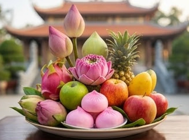 Mâm cúng chay tịnh gồm hoa sen, trái cây tươi và oản hồng dâng lên đền Mẫu