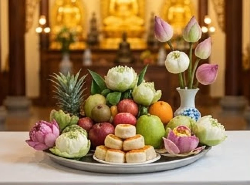 Văn khấn Địa Tạng tại chùa: Hướng dẫn sắm lễ và bài cúng chuẩn 1 Mâm lễ chay thanh tịnh gồm hoa quả và oản phẩm dâng lên ban thờ Phật tại chùa