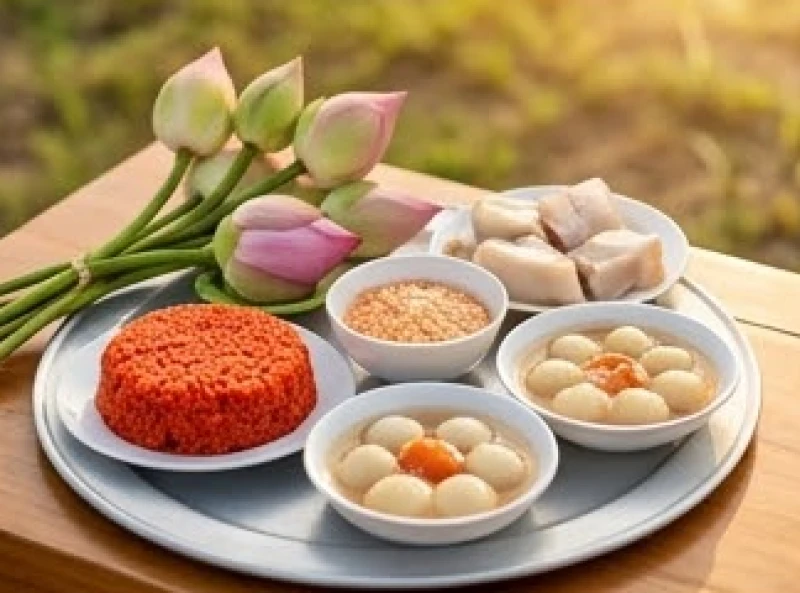 Đĩa xôi gấc đỏ tươi và bát chè trôi nước thay thế cho các món mặn trên mâm lễ chay cúng khởi công