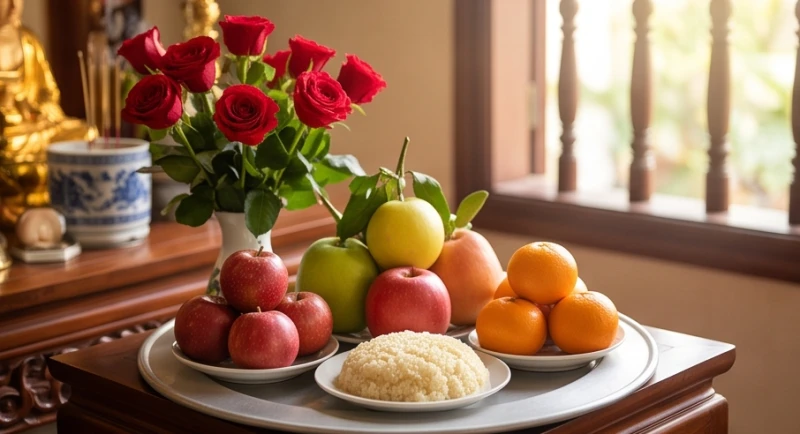 Mâm lễ chay thanh tịnh gồm hoa hồng đỏ, trái cây tươi và xôi oản được bày biện đẹp mắt trên ban thờ Đức Ông