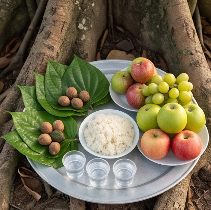 Văn khấn miếu cây: Bài cúng rằm mùng 1 và quy tắc sắm lễ 1 Mâm lễ chay cơ bản dâng miếu cây với trầu cau, xôi trắng và ngũ quả tươi sạch