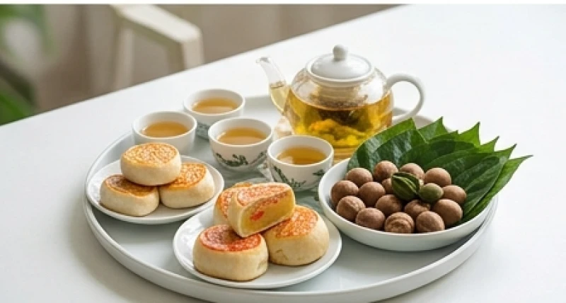 Mâm cúng chay thanh tịnh với bánh kẹo và trà sen dành riêng cho ngày rằm hoặc mùng 1 nhẹ nhàng