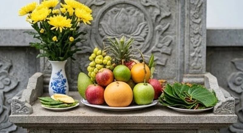 Văn khấn ngoài trời mùng 1: Trình tự cúng, mâm lễ & giờ tốt 3 Đĩa ngũ quả tươi ngon cùng hoa cúc vàng và trầu cau được đặt ngay ngắn trên bàn thờ thiên bằng đá