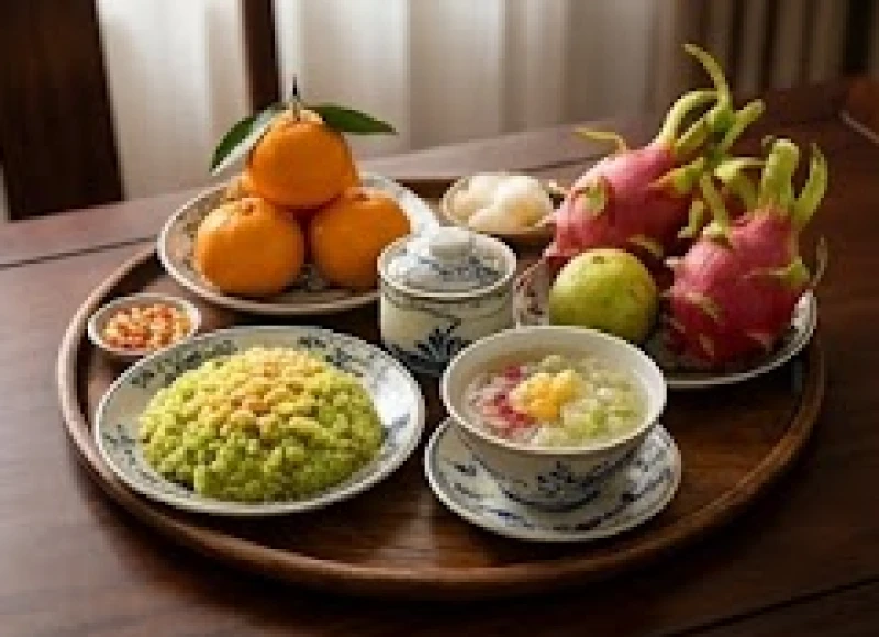 Mâm lễ chay thanh tịnh gồm xôi, chè, ngũ quả và hoa tươi bày biện đẹp mắt trên bàn thờ ngày đầu xuân