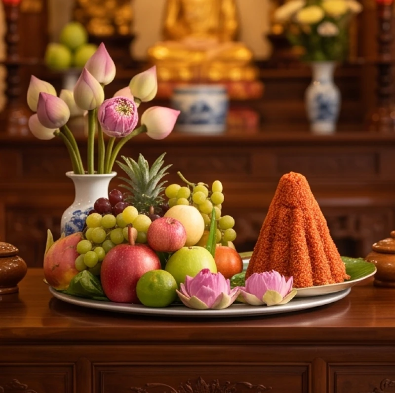 Văn khấn đi chùa đầu năm: Sắm lễ chuẩn và thứ tự hành lễ 3 Mâm lễ chay thanh tịnh gồm hoa tươi, quả chín và oản đỏ được sửa soạn chu đáo dâng lên ban Tam Bảo