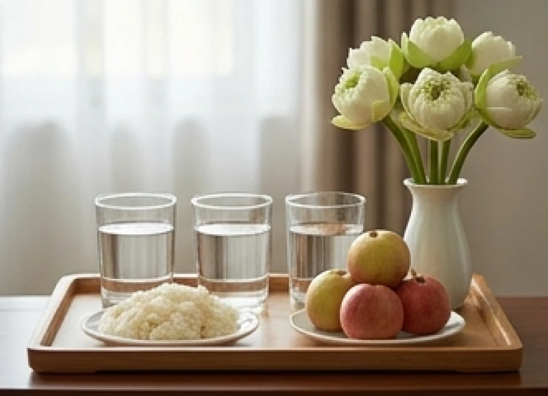Văn khấn Phật hàng ngày tại gia: Bài cúng chuẩn nghi thức 4 Mâm lễ vật chay tịnh dâng Phật với nước tinh khiết, hoa sen trắng và trái cây tươi
