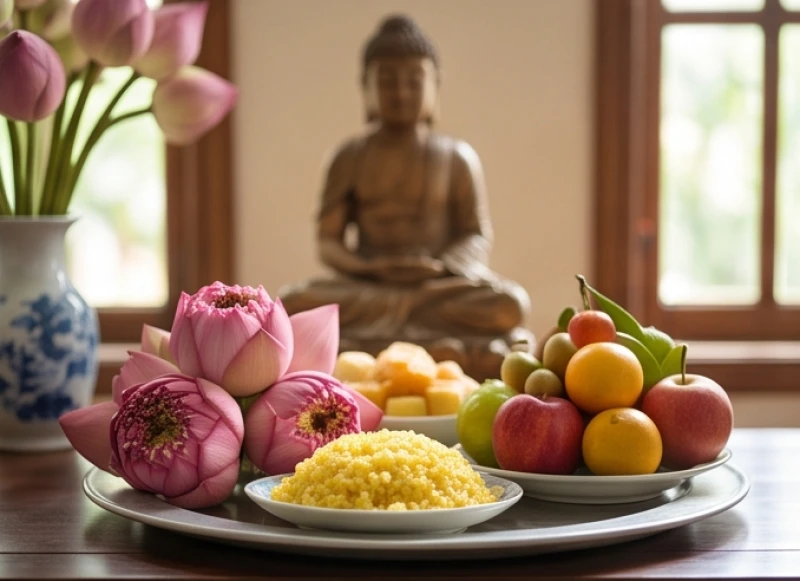 Văn khấn lập điện thờ tại gia: Trình tự an vị và sắm lễ chuẩn 5 Mâm lễ chay thanh tịnh gồm hoa sen, xôi vò, ngũ quả tươi dâng lên ban thờ Phật trong ngày an vị