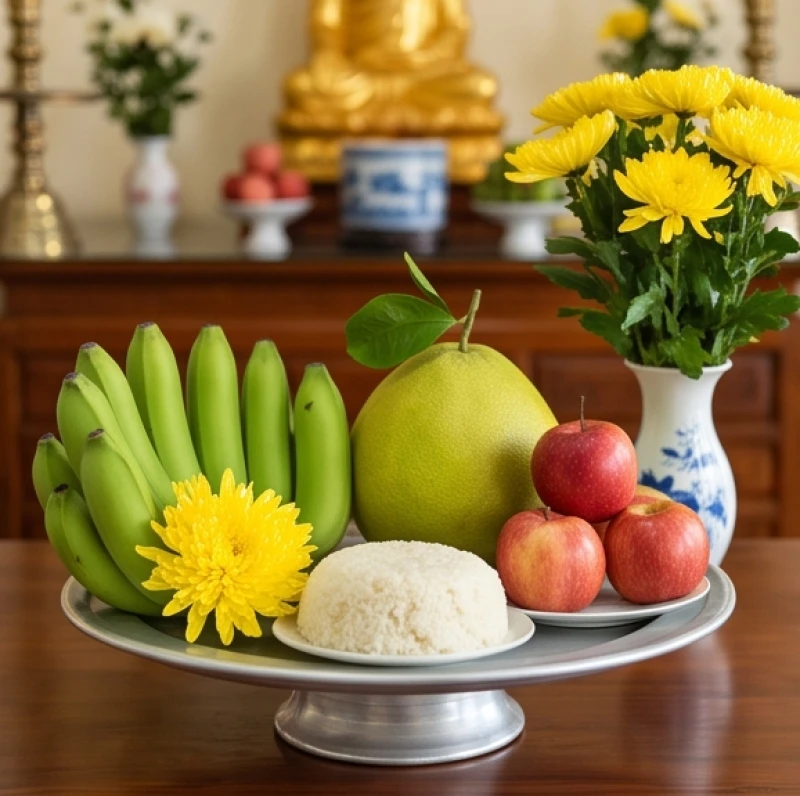 Mâm ngũ quả tươi sáng, xôi chè và hoa cúc vàng thanh tịnh dâng lên ban thờ Điện Phật