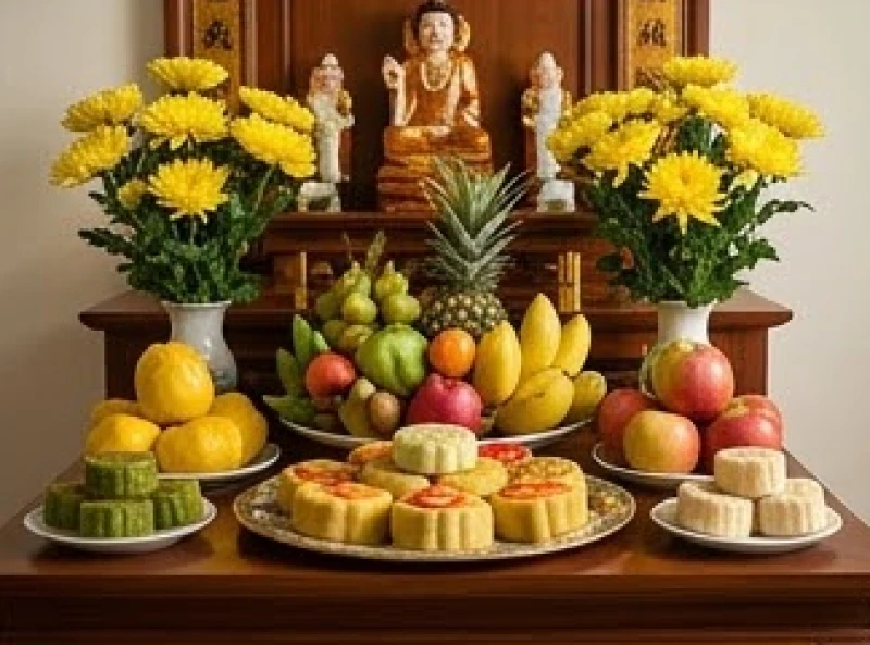 Mâm lễ chay dâng ban Thánh Mẫu gồm hoa cúc vàng và phẩm oản chuẩn bị cho lễ đọc văn khấn điện thờ tại gia