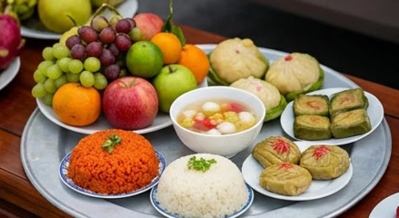 Mâm lễ chay cúng xe khách định kỳ hàng tháng với hoa quả tươi, xôi chè và trà nước