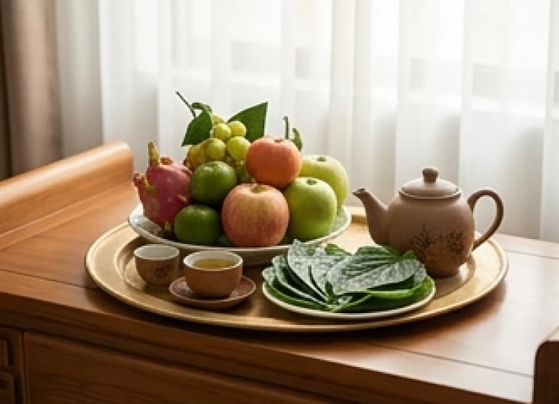Mâm lễ chay thanh tịnh với hoa tươi, quả ngọt và đĩa trầu cau dùng để dâng cúng