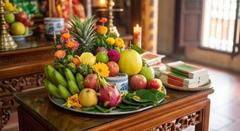 Văn khấn ban Mẫu: Bài cúng chuẩn và trình tự dâng lễ tại đền chùa 1 Mâm lễ chay gồm hoa quả tươi, trầu cau, hương nến và tiền mã dùng để dâng ban Mẫu