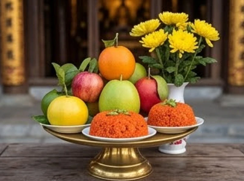 Mâm cúng chay tươm tất với đĩa trái cây ngũ sắc và xôi gấc đỏ dâng lên ban Phật