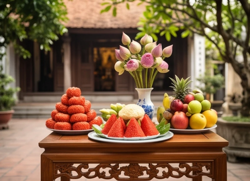Khay lễ chay thanh tịnh gồm oản đỏ, hoa tươi và trái cây đặt trước ban thờ Phật trong không gian chùa