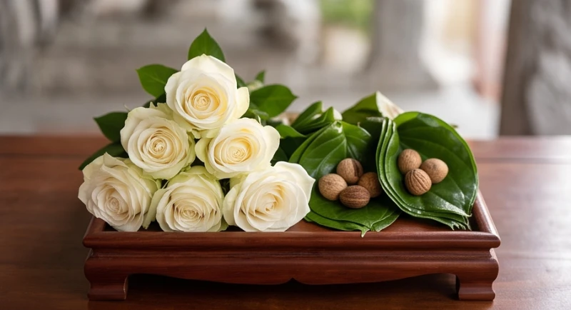 Mâm lễ chay gồm hoa hồng trắng và trầu cau têm cánh phượng xếp ngay ngắn