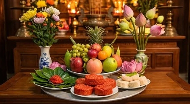 Văn khấn Đức Thánh Trần tại Đền Thượng Lào Cai: bài khấn & dâng lễ 3 Mâm lễ chay thanh tịnh gồm hoa tươi oản đỏ và trái cây được sắp xếp trang nghiêm trên ban thờ