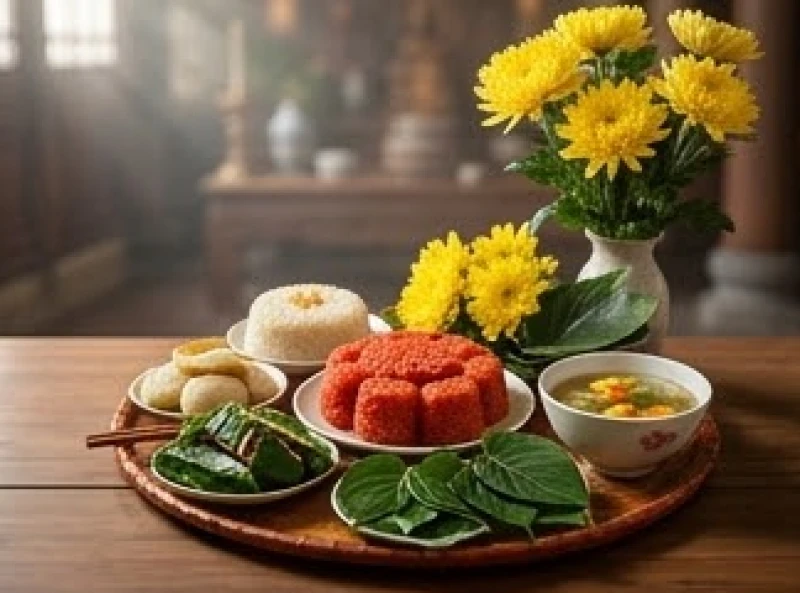 Mâm lễ chay thanh tịnh gồm oản đỏ, hoa cúc vàng và xôi chè chuẩn bị dâng lên ban thờ các vua Trần