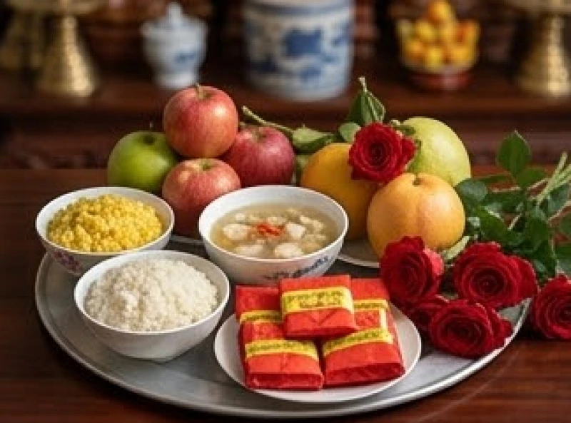 Mâm lễ chay dâng cúng ban Đức Ông với xôi chè, hoa quả tươi và phẩm oản giấy đỏ