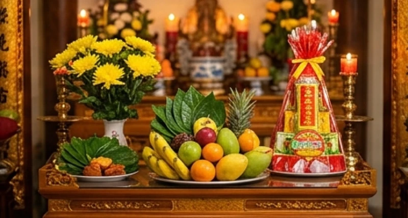 Mâm lễ chay đẹp mắt với hoa cúc vàng, trầu cau xanh mướt và oản đỏ rực rỡ dâng lên ban Tam Bảo và Cung Cấm.