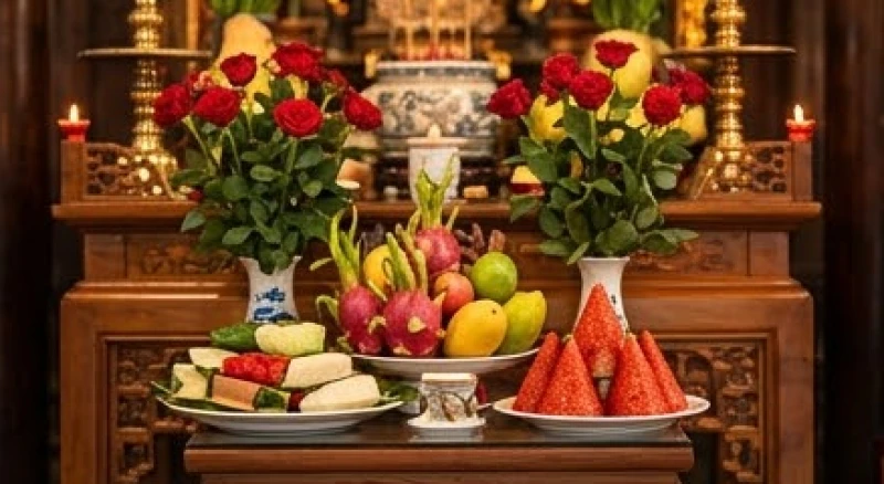 Văn khấn Đền Mẫu Hưng Yên: Bài cúng chuẩn và trình tự 3 ban 3 Mâm lễ chay thanh tịnh gồm hoa hồng tươi và oản đỏ được chuẩn bị chu đáo để dâng lên ban Mẫu