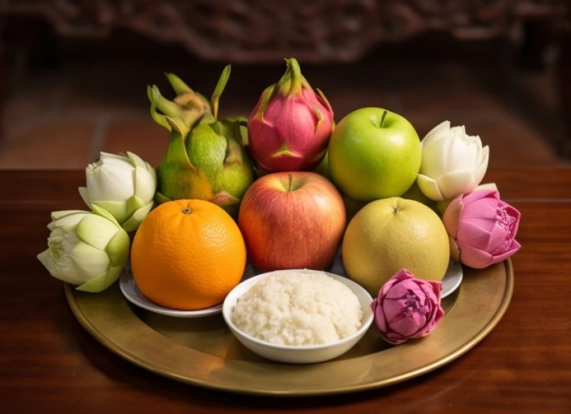 Mâm sắm lễ chay ngũ sắc gồm trái cây, hoa tươi và xôi chè chuẩn bị dâng Mẫu