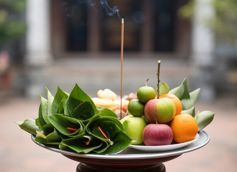 Mâm lễ chay tinh khiết với trầu têm cánh phượng và ngũ quả được chuẩn bị riêng cho ban Tam Tòa Thánh Mẫu