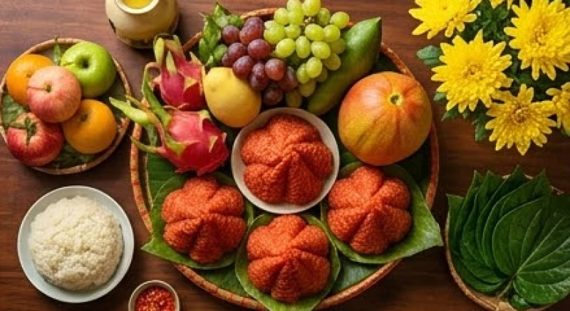 Mâm lễ chay dâng Ban Mẫu với ngũ quả tươi, oản đỏ, trầu cau và hoa cúc vàng rực rỡ