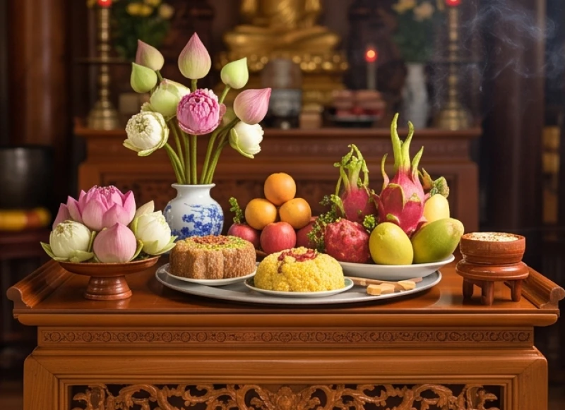 Mâm lễ chay gồm hoa tươi, quả chín và xôi chè được sắp xếp gọn gàng để dâng lên ban Tam Bảo