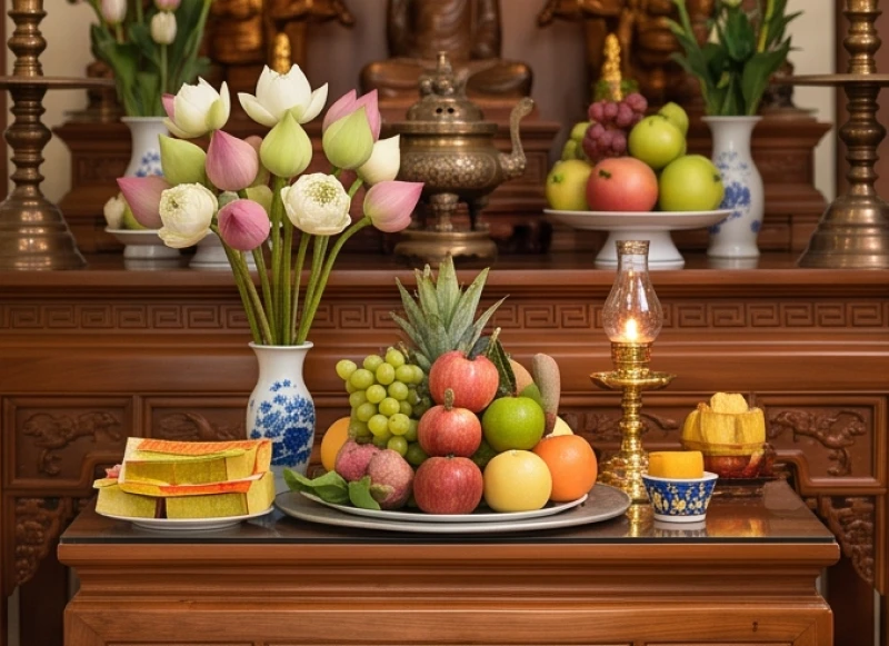 Mâm đồ lễ chay thuần khiết với hoa sen, trái cây tươi và nhang đèn đặt trang trọng trên ban thờ