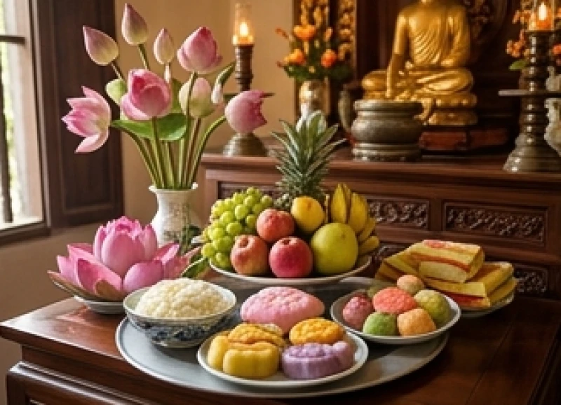 Văn khấn đi chùa ngày rằm: Sắm lễ và trọn bộ bài khấn các ban 4 Mâm lễ chay thanh tịnh gồm hoa sen tươi, quả ngọt, oản và xôi chè dâng lên chính điện thờ Phật