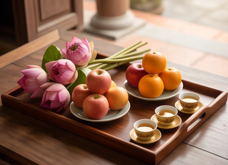 Mâm lễ vật thuần chay với hoa sen tươi, ngũ quả và trà mạn chuẩn bị dâng lên Phật Bà Quan Âm