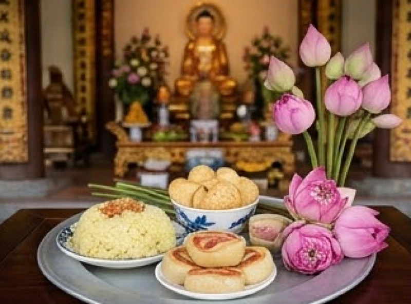 Mâm cúng chay thanh tịnh với xôi chè và hoa sen được chuẩn bị cẩn thận để dâng lên ban Tam Bảo