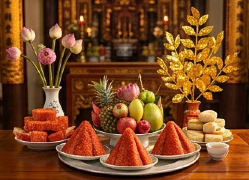 Mâm lễ chay thanh tịnh gồm oản đỏ, trái cây tươi và cành vàng lá ngọc dâng ban Mẫu