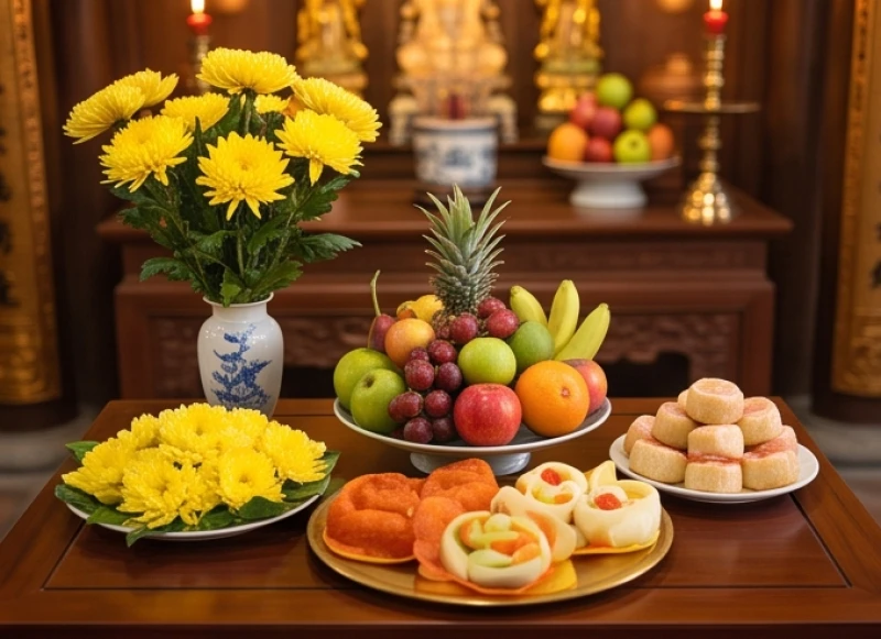 Mâm lễ chay thanh tịnh gồm hoa tươi, mâm ngũ quả và oản tài lộc