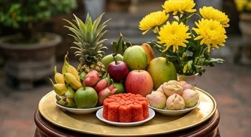 Mâm lễ chay dâng Thánh Mẫu với trái cây tươi, oản đỏ và những đóa hoa cúc mang hương thơm thanh khiết