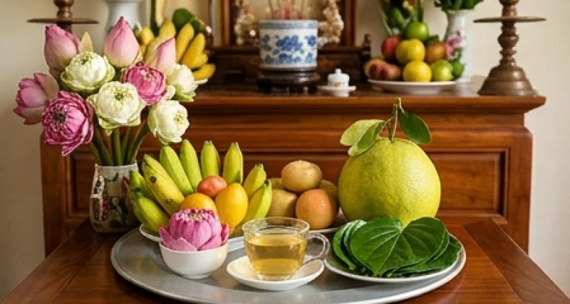 Mâm lễ chay dâng hương hoa trà quả được chuẩn bị tỉ mỉ, thanh khiết để dâng bái các bậc bề trên tại di tích