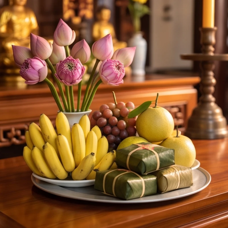 Văn khấn cầu an tại chùa: Bài khấn chuẩn và nghi thức từng ban 2 Mâm lễ vật thuần chay với hoa sen tươi và trái cây ngũ sắc được sắp xếp cẩn thận