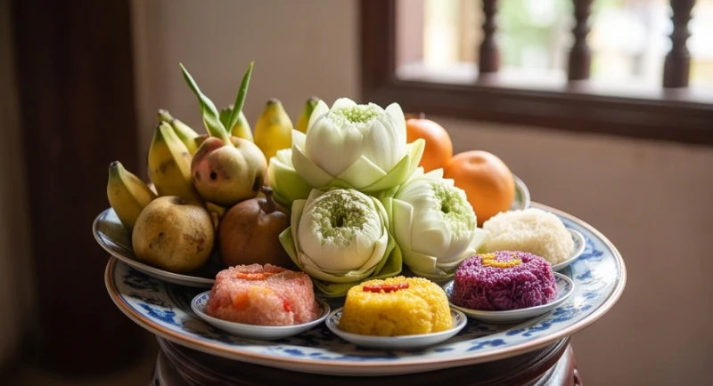 Văn khấn Đền Cô Bơ: Bài cúng chuẩn và thứ tự dâng lễ 3 Mâm lễ chay thanh tịnh gồm hoa tươi, trái cây, xôi chè và oản tài lộc dâng lên Cung Phật.