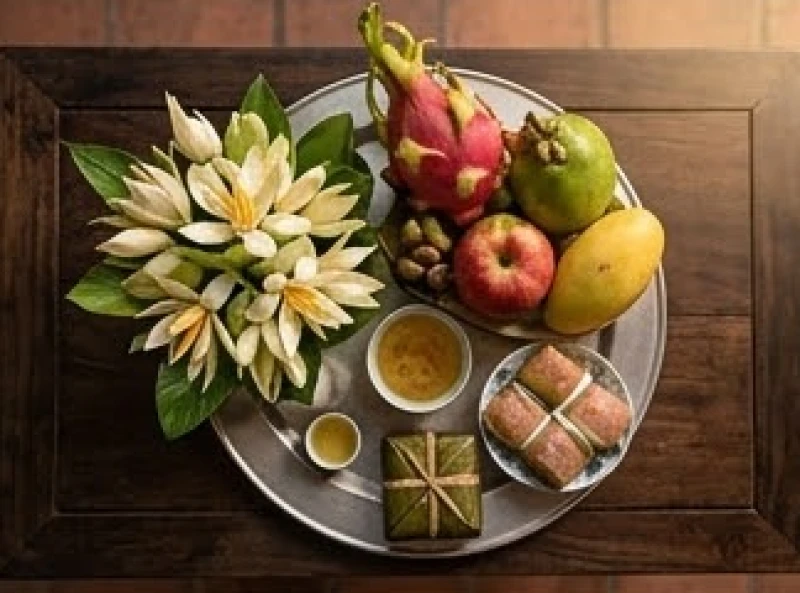 Mâm lễ chay tươm tất với hoa ngọc lan, quả ngọt và trà khô dâng lên các ban chầu tại đền