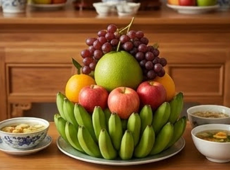 Mâm ngũ quả tươi ngon với nải chuối xanh làm bệ đỡ, xếp vươn lên thành hình tháp vững chãi trên bàn thờ gia tiên