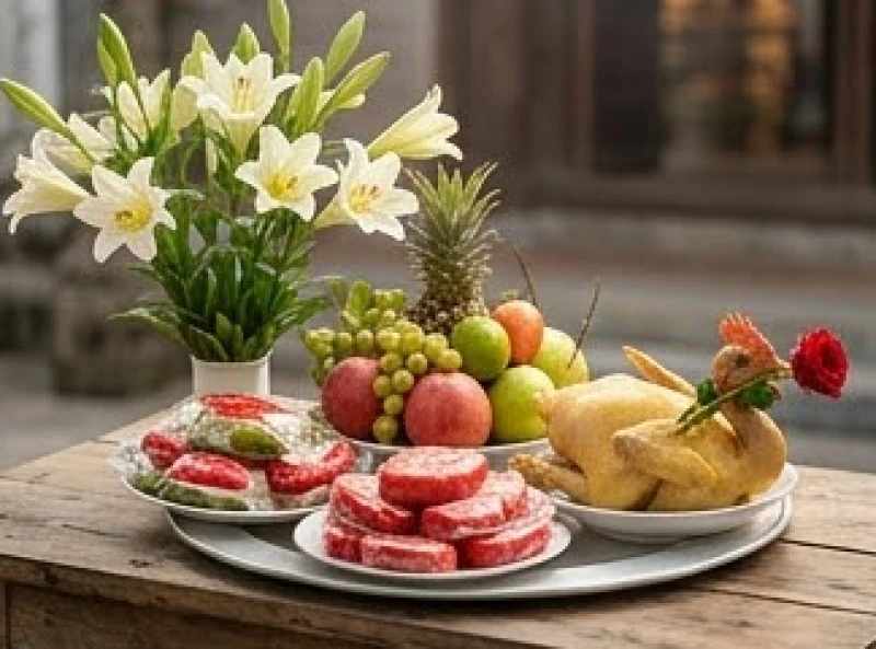 Mâm lễ chay và lễ mặn được chuẩn bị chu đáo để dâng tại đền Đông Cuông