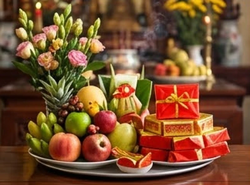 Mâm lễ chay thanh tịnh gồm hoa tươi, mâm ngũ quả và oản tài lộc dâng lên Ban Thánh Mẫu