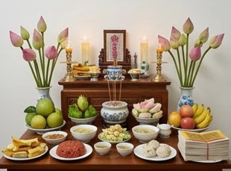 Bàn thờ được bày biện mâm cúng thuần chay trang nghiêm trong dịp lễ chung thất bốn chín ngày
