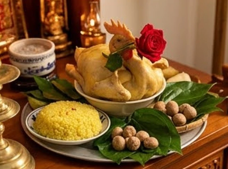 Mâm lễ cúng mặn với gà luộc ngậm hoa hồng đỏ, xôi đỗ và trầu cau đặt ngay ngắn trước bàn thờ Thần Tài
