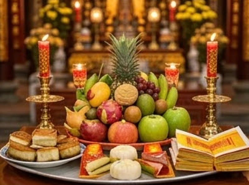 Mâm lễ cúng lớn với đầy đủ hoa quả, nhang đèn và giấy tiền vàng mã bày biện trang trọng trước bệ thờ